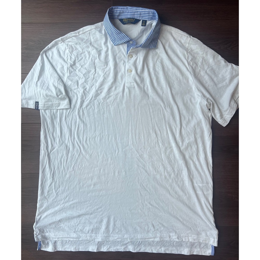 Polo Golf Ralph Lauren Mens XL White Polo Shirt Blue Striped Collar Cotton